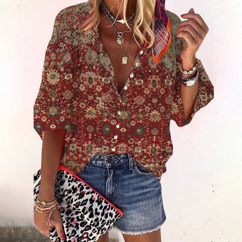 Stylish women's floral V-neck top, short sleeve, button-front, bohemian casual for spring and summer.