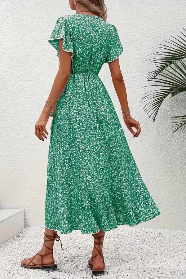Elegant floral V-neck party dress for women, short-sleeve and feminine for summer gatherings.
