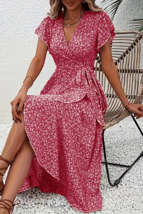 Stunning floral print V-neck dress for women, elegant short-sleeve for summer casual and party style.