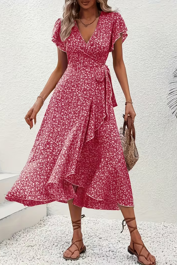 Flattering fitted floral V-neck dress for women, elegant short-sleeve design for summer chic.
