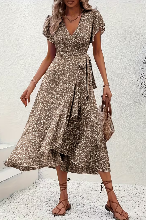 Chic floral V-neck women's dress with short sleeves, perfect for elegant casual summer style.