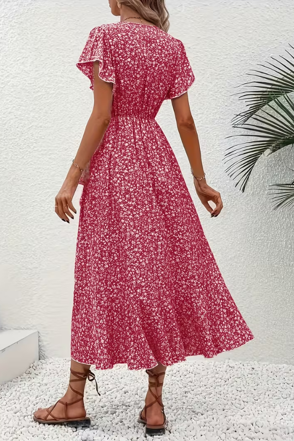 Lightweight summer floral V-neck dress for women, elegant short-sleeve for casual or special events.