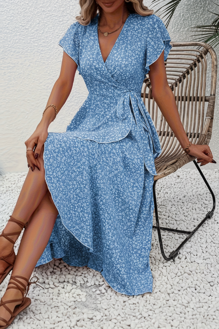 Elegant women's floral V-neck short-sleeve dress, perfect for summer casual wear, day events, or parties.