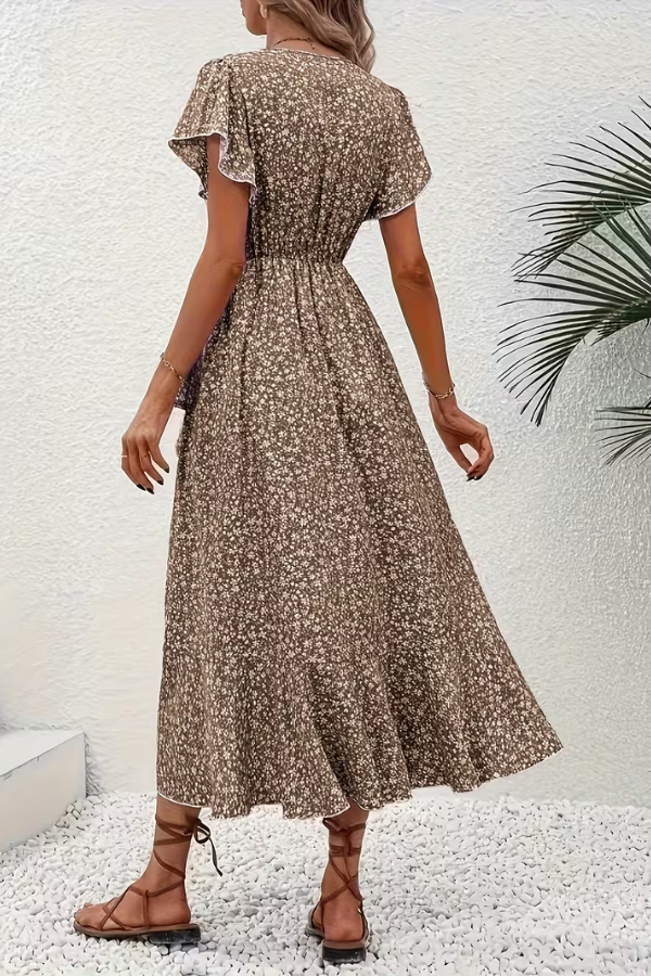 Feminine floral V-neck party dress for women, ideal for elegant summer events & daywear.