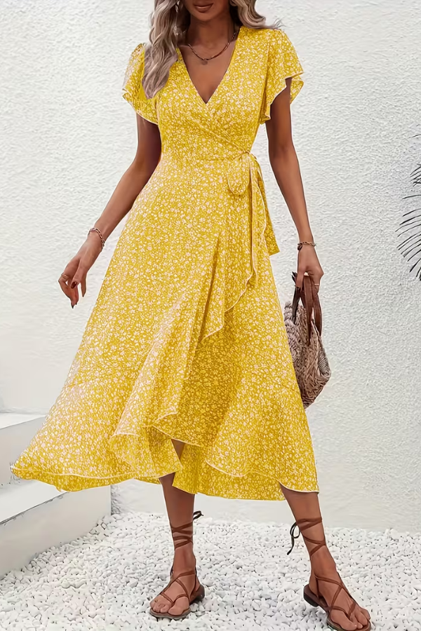 Summer floral V-neck dress for women, elegant short-sleeve design for casual or party wear.