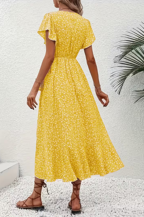 Elegant women's V-neck floral dress, chic short-sleeve design for versatile summer styling.