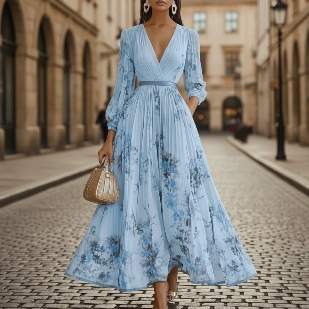 Vibrant floral print V-neck maxi dress with long sleeves. Women's elegant pleated design for casual or semi-formal wear.
