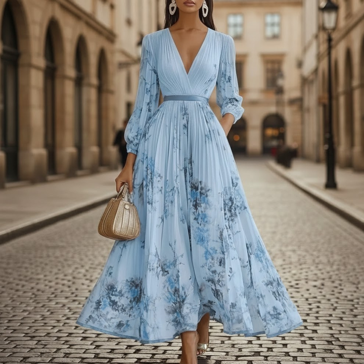 Vibrant floral print V-neck maxi dress with long sleeves. Women's elegant pleated design for casual or semi-formal wear.