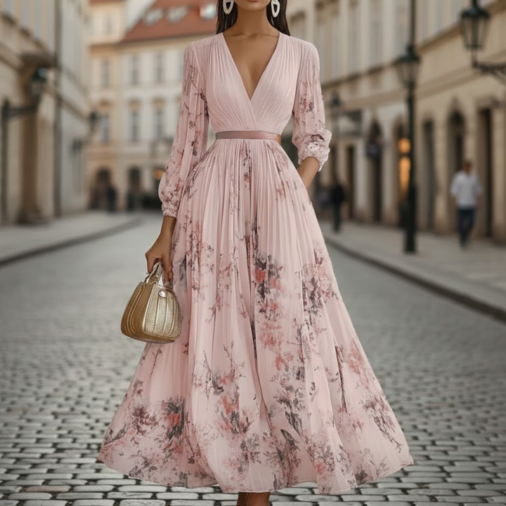 Flowy pleated maxi dress with a V-neck and long sleeves, showcasing a beautiful floral pattern. Ideal for women's spring fashion.