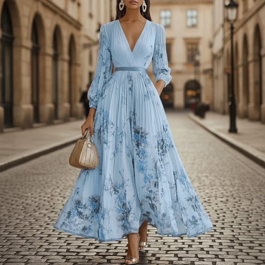Elegant women's V-neck floral maxi dress with long sleeves, a comfortable pleated design, and a flattering flared skirt.