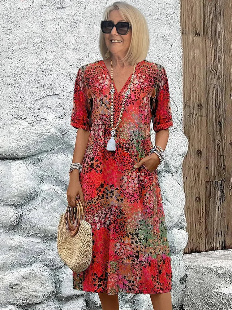 Comfortable A-line floral midi dress for women, ideal for spring and casual wear.
