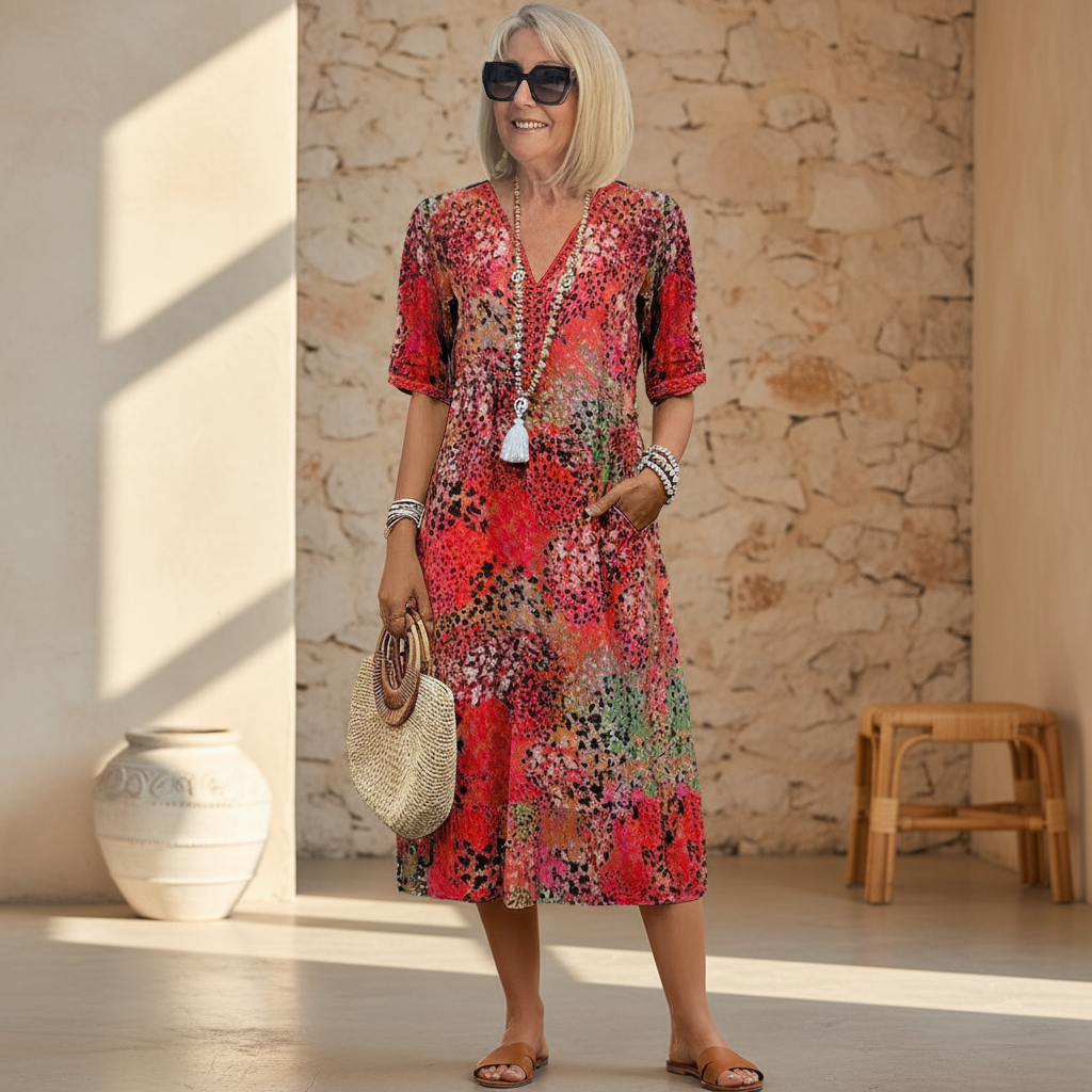 Effortless women's floral V-neck midi dress, offering comfortable and stylish everyday wear.