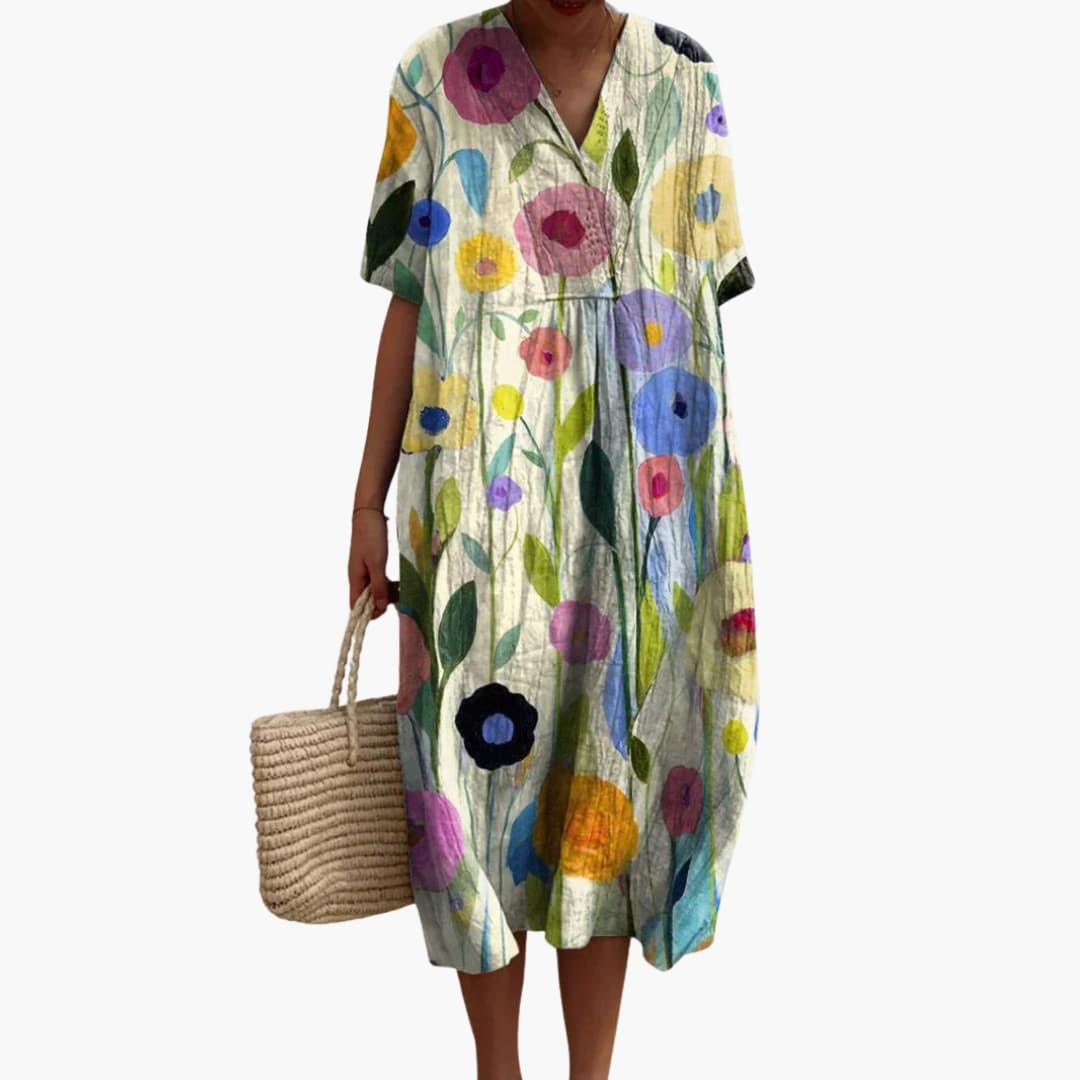 Elegant floral V-neck midi dress for women, short sleeves, flowy oversized fit, perfect for warm weather.