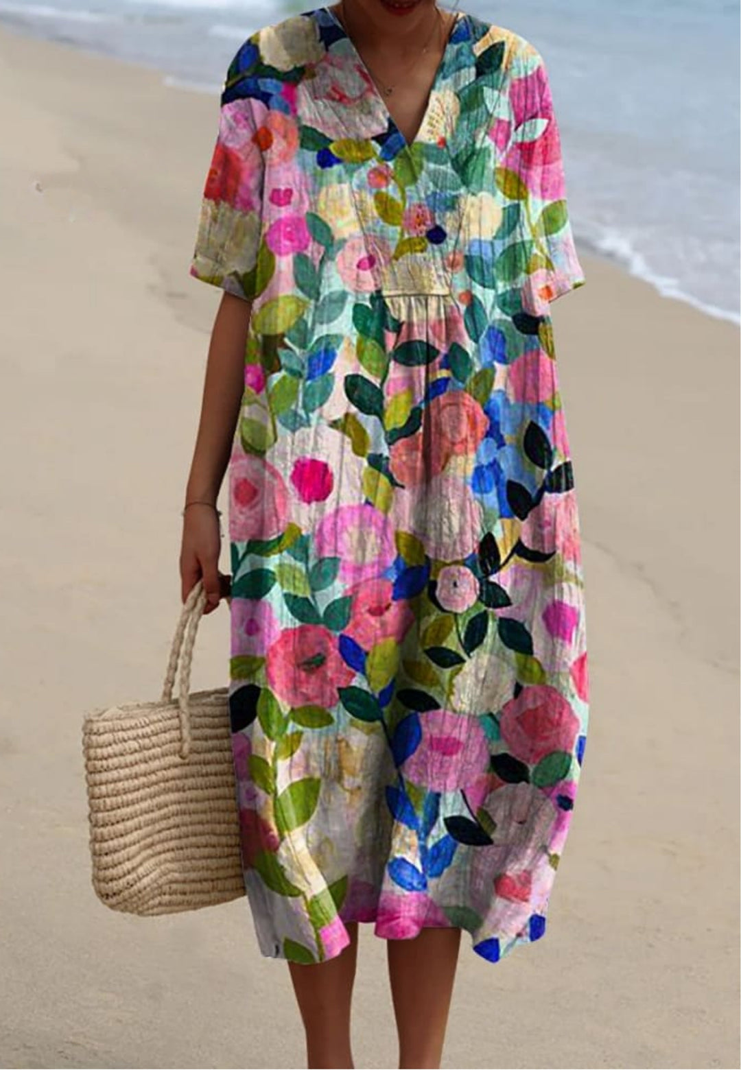Women's floral V-neck short sleeve midi dress with an oversized, relaxed fit, perfect for summer casual wear.
