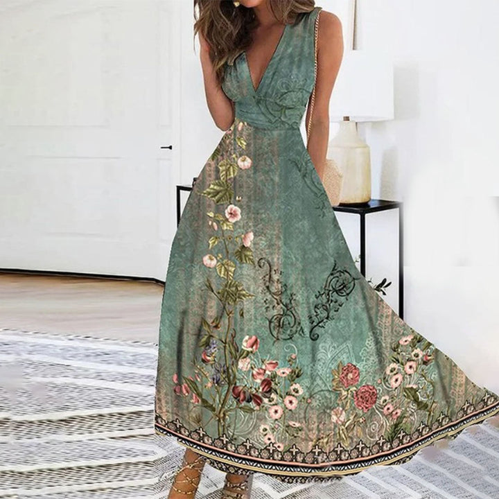 Elegant women's sleeveless maxi dress with a vibrant floral print and flattering V-neck design.