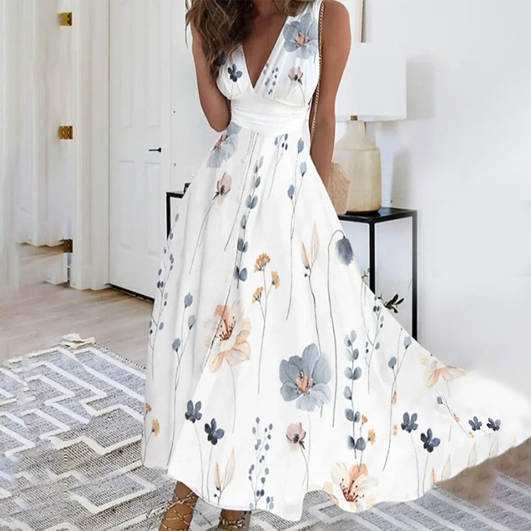 Floral print V-neck sleeveless maxi dress for women, ideal for elegant occasion wear.