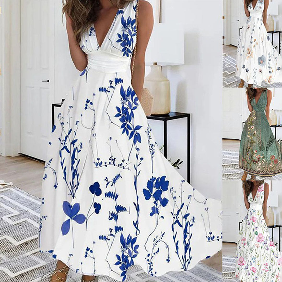 Beautiful women's floral V-neck sleeveless maxi dress, a stylish choice for summer events & parties.