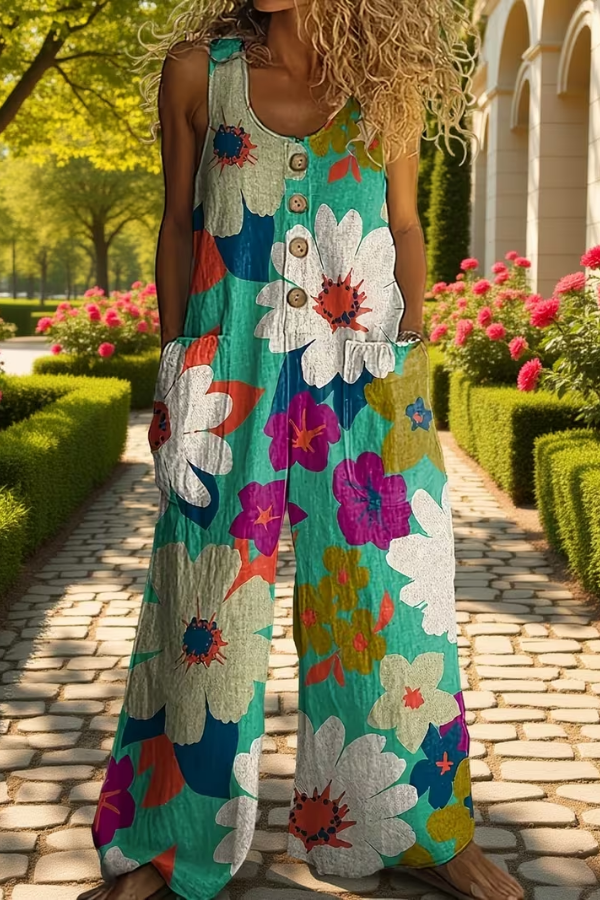 Women's floral wide leg jumpsuit with pockets, perfect for summer vacation. Stylish, comfortable, and relaxed fit.