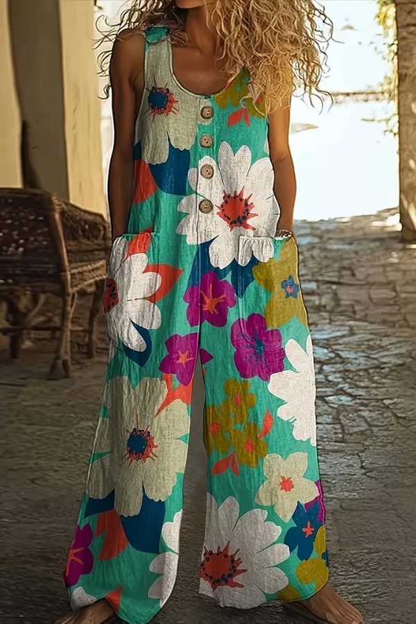 Boho-inspired women's wide leg floral jumpsuit with practical pockets. Ideal for spring casual wear or vacation outfits.