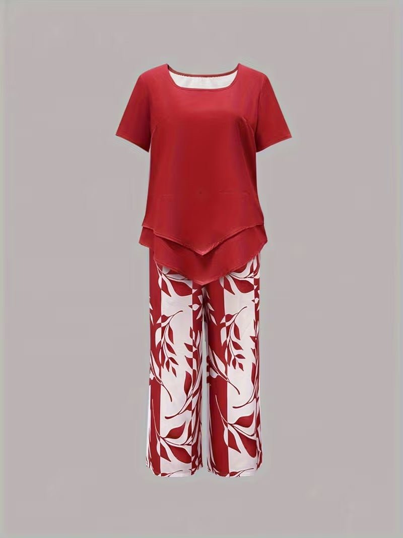 Women's fashionable floral wide-leg pant set. Comfy V-neck short sleeve top & pant casual outfit.