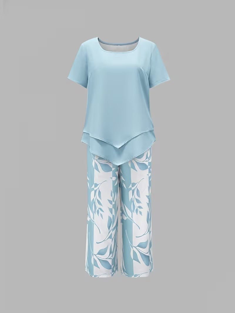 Women's comfortable floral wide leg pant set. A two-piece V-neck short sleeve top & pant outfit.