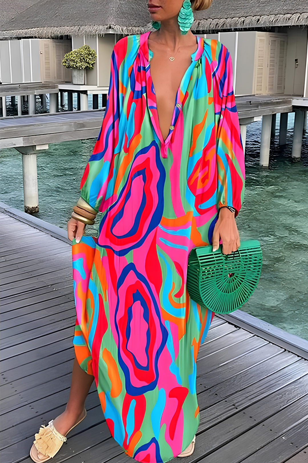 Elegant women's abstract print V-neck kaftan maxi dress in a flowing design, perfect for sophisticated summer style.