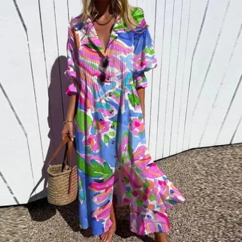 Elegant women's flowing maxi dress with bohemian style. Ideal for summer, vacation, and resort fashion.
