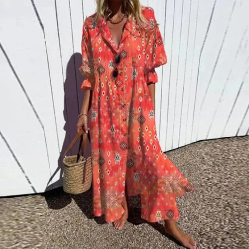Comfortable boho chic maxi dress for women. Flowing design, perfect for summer casual wear & beach outings.