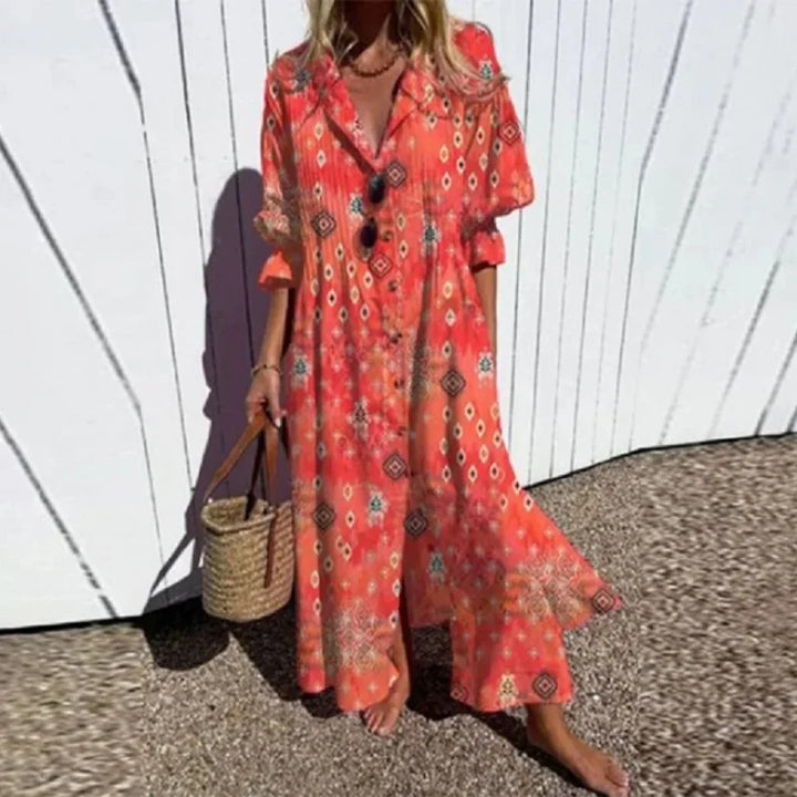 Comfortable boho chic maxi dress for women. Flowing design, perfect for summer casual wear & beach outings.