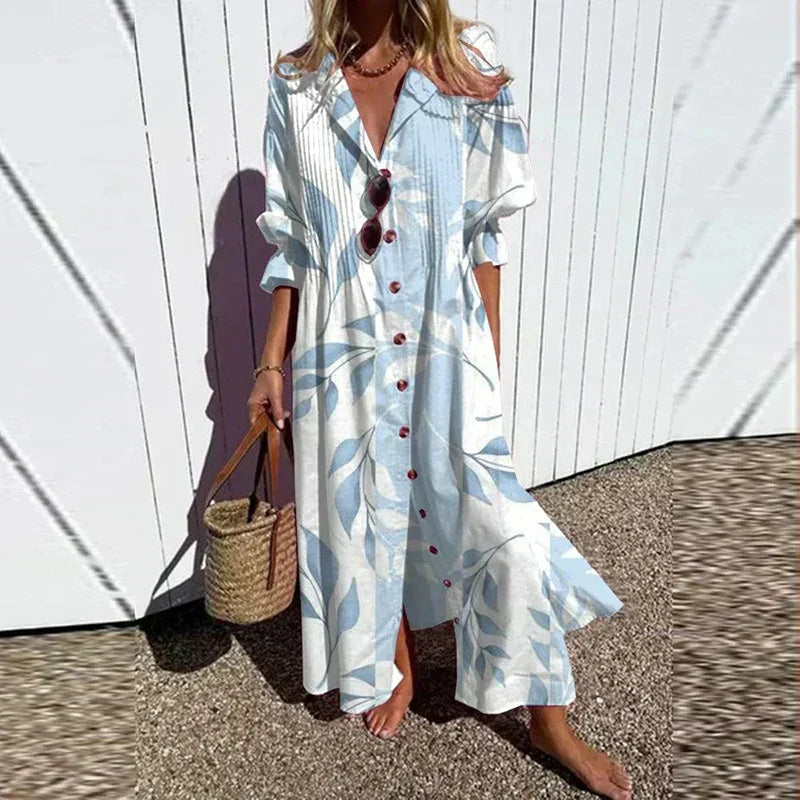 Women's elegant floral bohemian maxi dress. A comfortable, flowing summer fashion piece for any occasion.