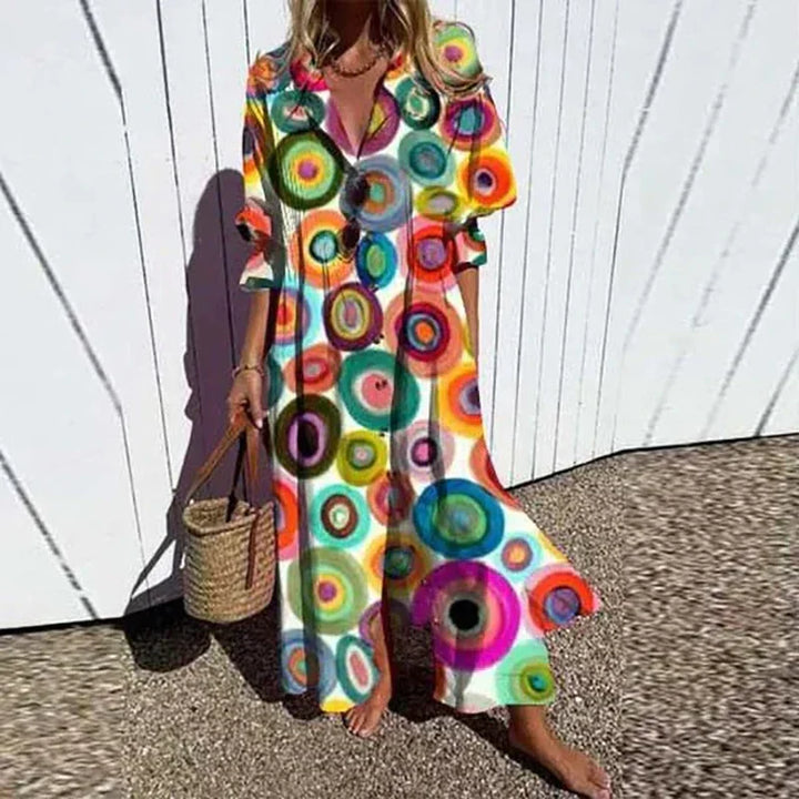 Versatile women's flowing summer maxi dress. Boho chic, comfortable, great for casual days or resort evenings.