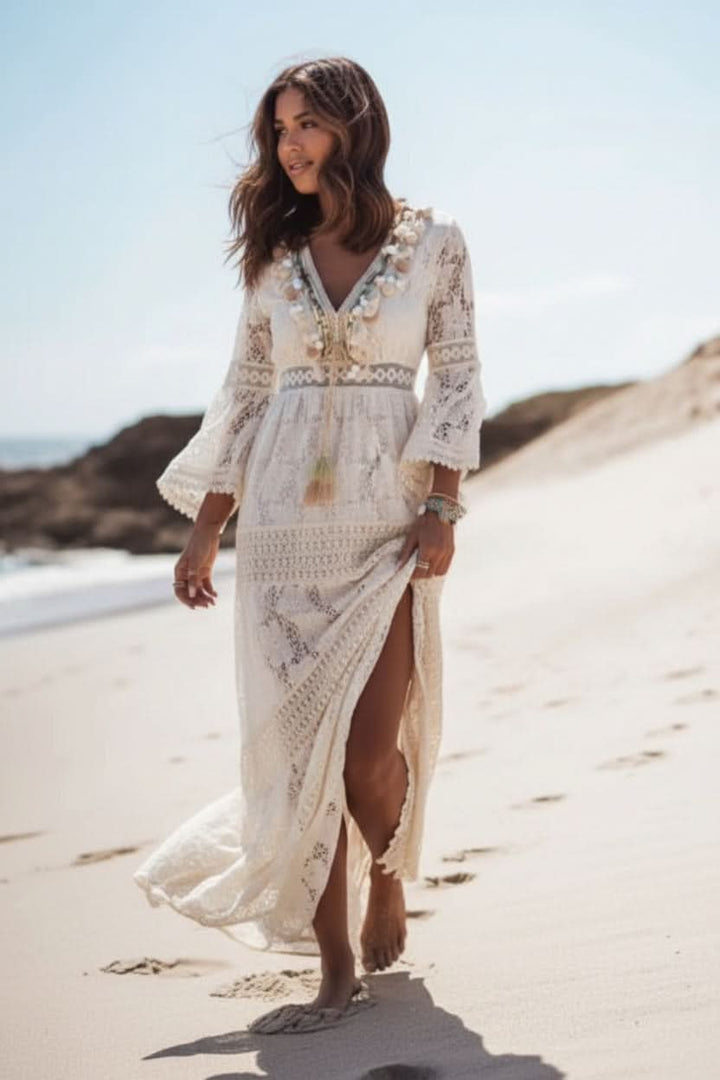Elegant women's boho maxi dress with a flattering V-neck, offering a comfortable and stylish flowy fit.