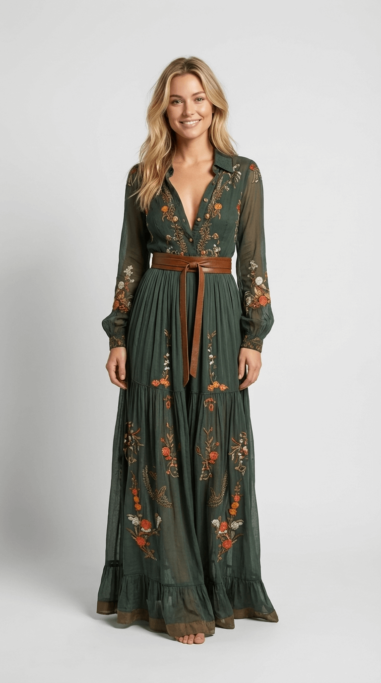 Women's Flowing Boho Maxi Dress with tiered skirt & tie waist, perfect for casual elegance, spring/summer fashion.