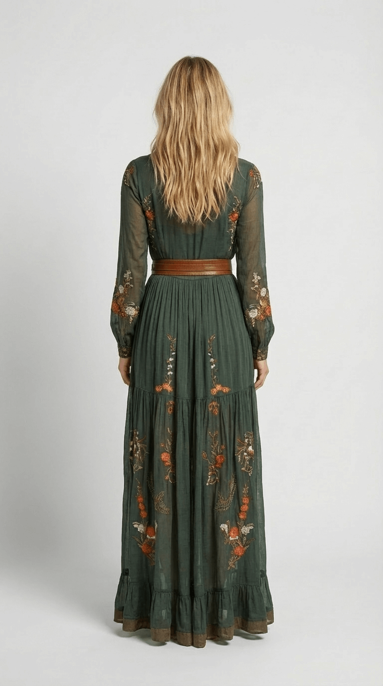 Effortless women's long sleeve boho maxi dress. Printed, flowing silhouette for versatile spring and summer style.