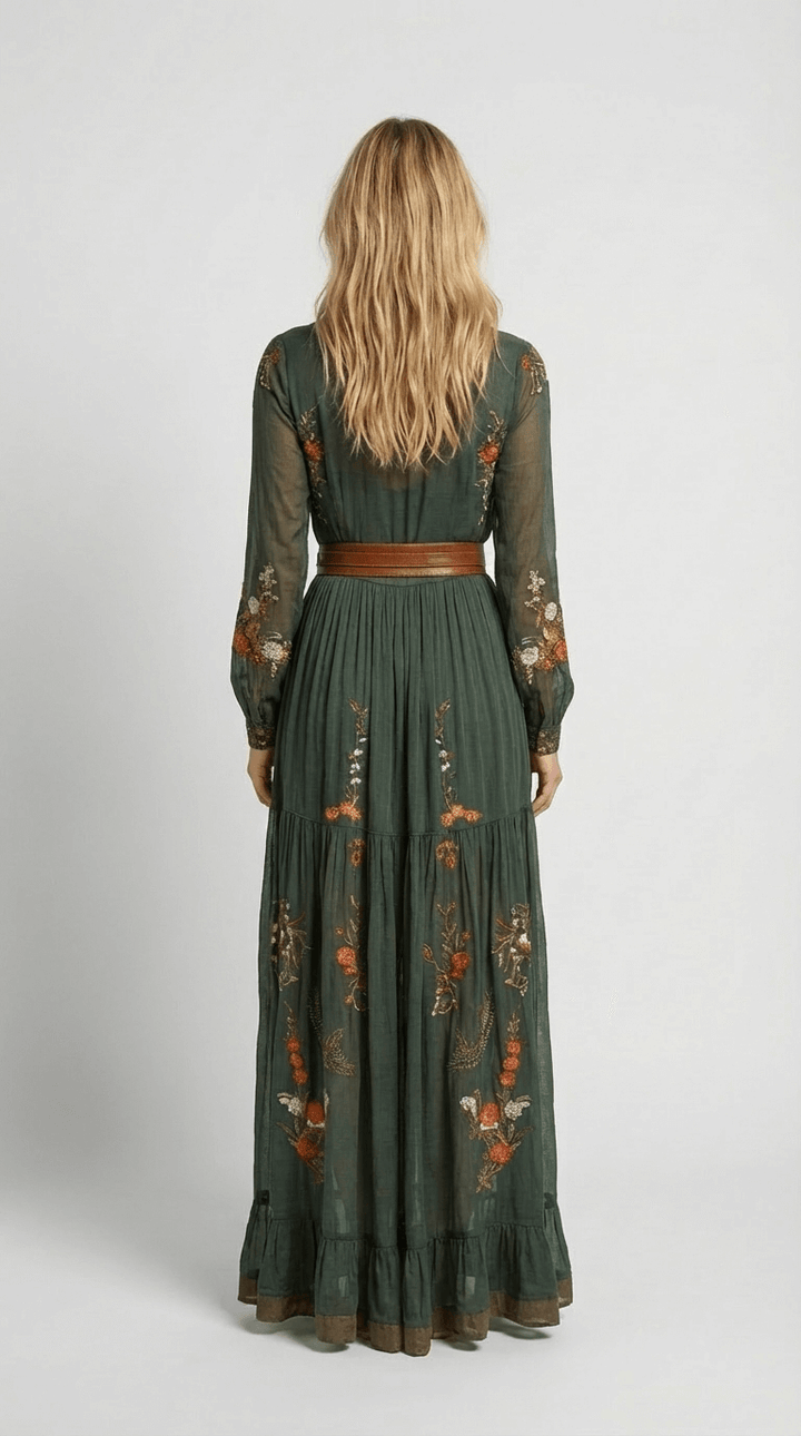 Effortless women's long sleeve boho maxi dress. Printed, flowing silhouette for versatile spring and summer style.