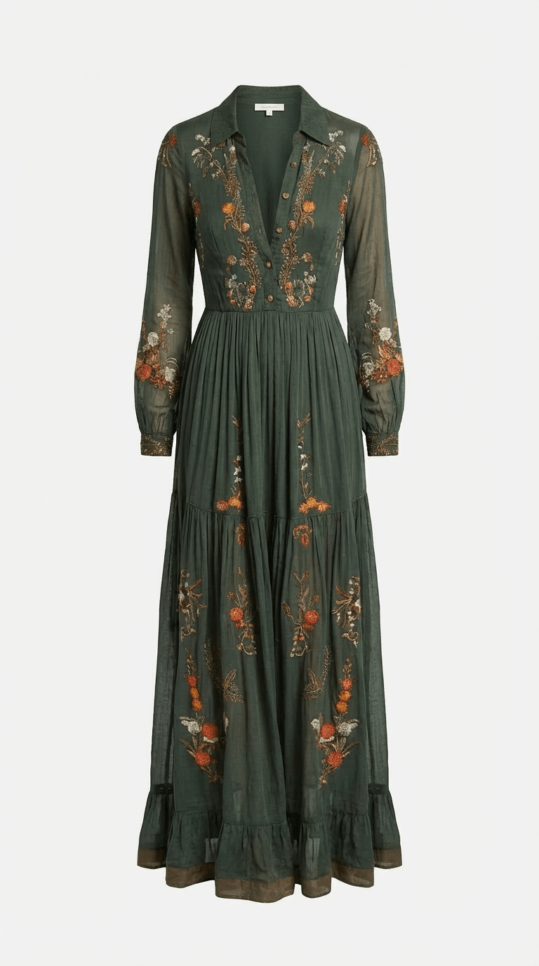 Printed flowing boho maxi dress for women, featuring a tiered skirt & tie waist. Ideal for casual elegance.