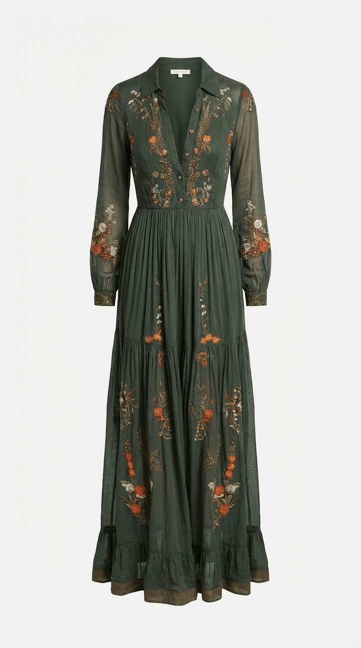 Printed flowing boho maxi dress for women, featuring a tiered skirt & tie waist. Ideal for casual elegance.