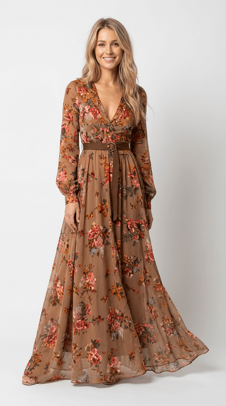 Comfortable women's long boho dress, flowing maxi style with a unique print. Great for spring fashion.