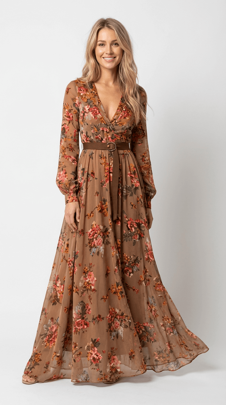 Comfortable women's long boho dress, flowing maxi style with a unique print. Great for spring fashion.