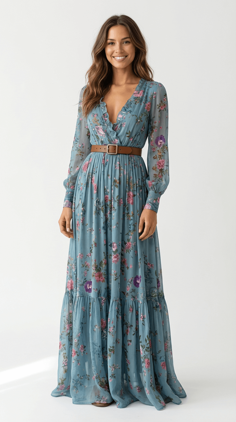 Stylish women's printed maxi dress, a flowing boho design with long sleeves and a tiered skirt for summer.