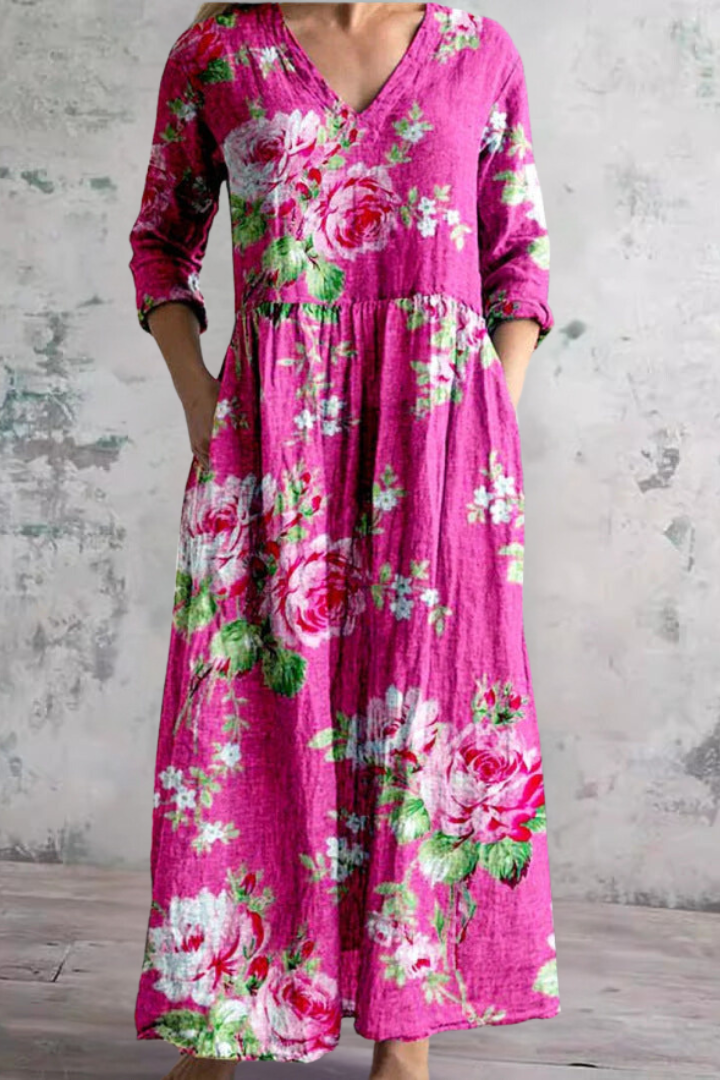 Elegant women's spring dress. Flowing, lightweight, & comfortable maxi style, perfect for summer casual wear or travel.