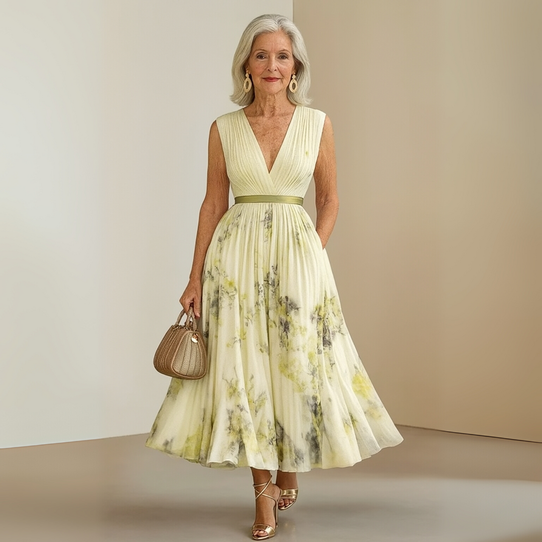 Elegant A-line sleeveless maxi dress with flowing skirt, perfect for comfortable women's summer fashion.