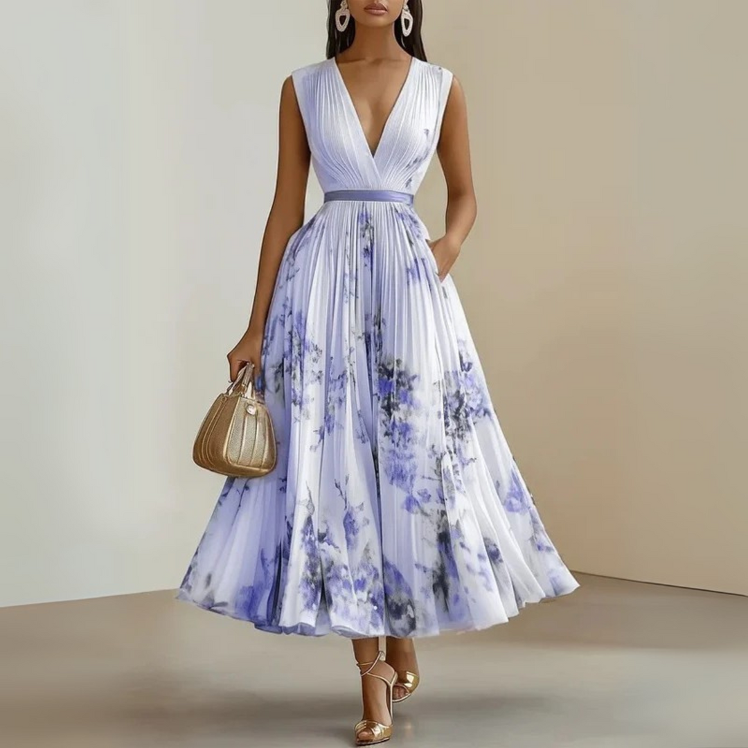 Versatile sleeveless flowing maxi dress for women, elegant for evenings & casual for summer days.