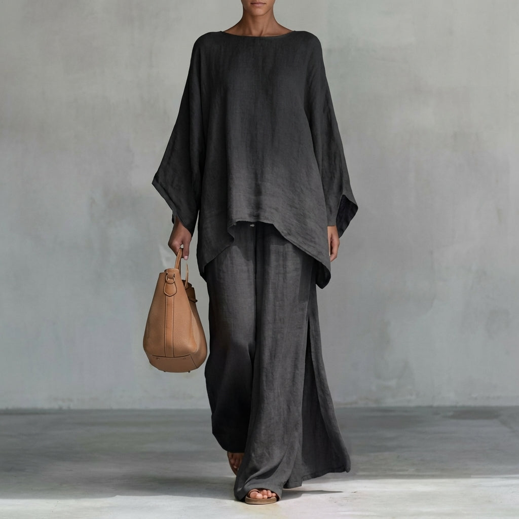 Flowing women's two-piece set, featuring a comfortable tunic top & a maxi skirt for an elegant casual look.