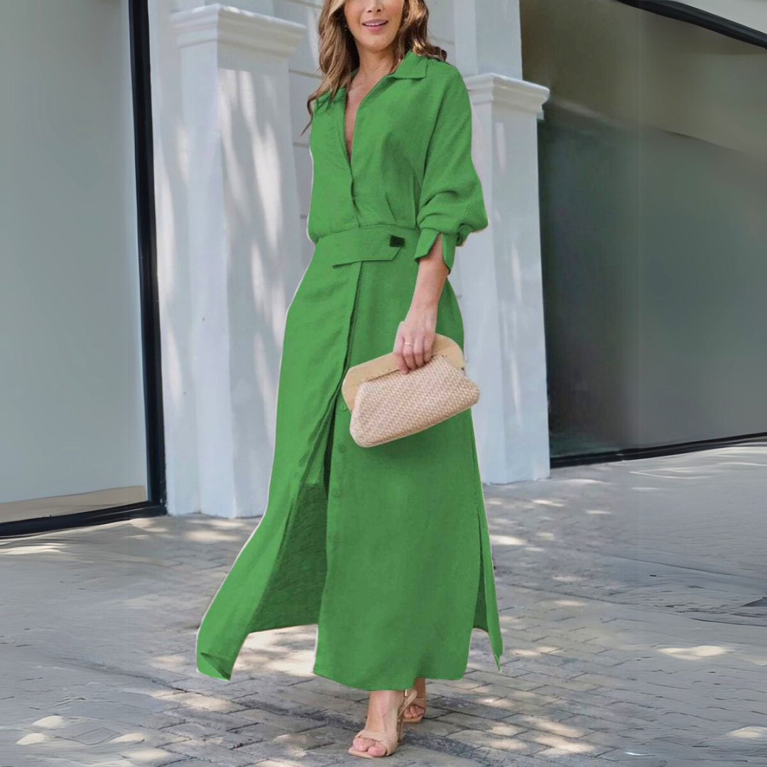 Chic women's long flowing V-neck maxi dress, offering an airy and stylish look for summer.