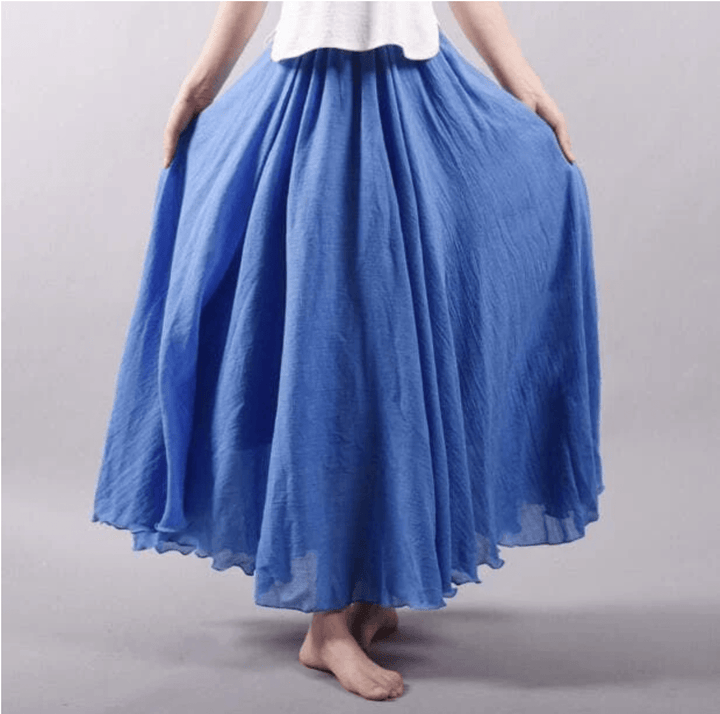 Bohemian flowy A-line maxi skirt for women, ideal beachwear & summer vacation outfit. Loose, comfortable fit.