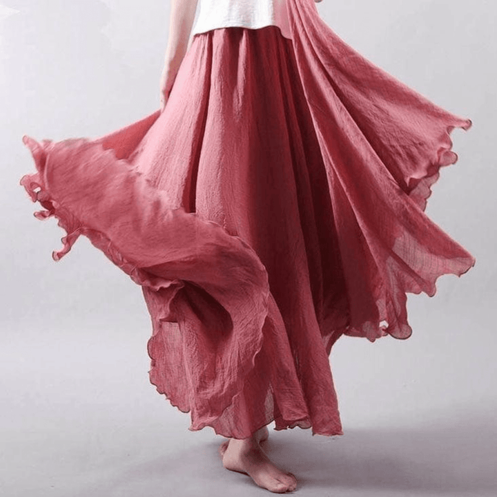 Comfortable women's flowy A-line maxi skirt, perfect for summer beach style, vacation, or elegant casual wear.