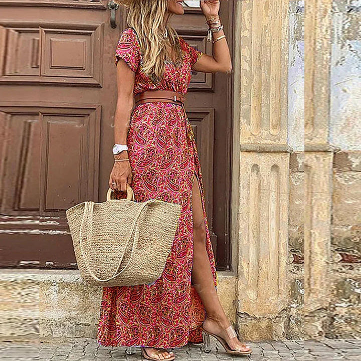 Back view of a women's long, airy boho maxi dress, demonstrating its comfortable, flowy fit for summer styling.