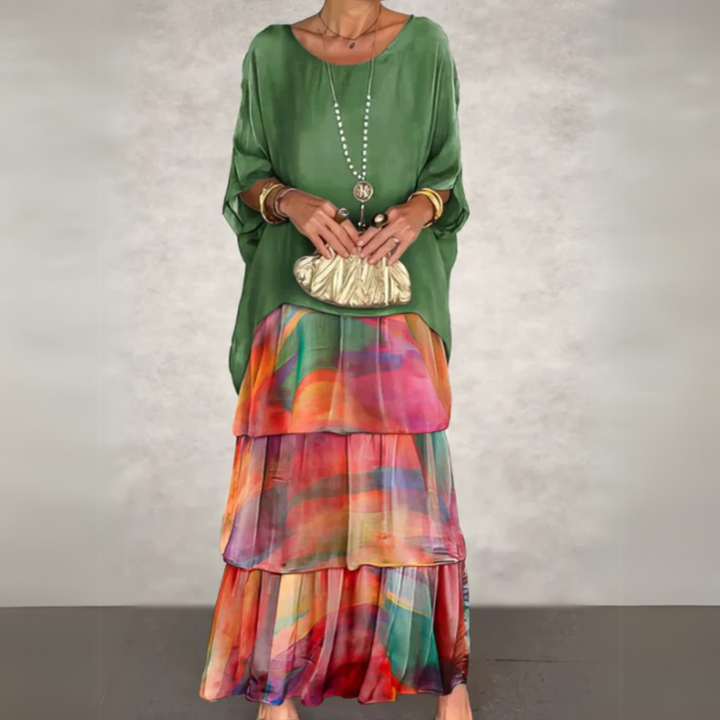 Women's flowy boho maxi dress set with batwing top, perfect for effortless layered style & summer vacations.