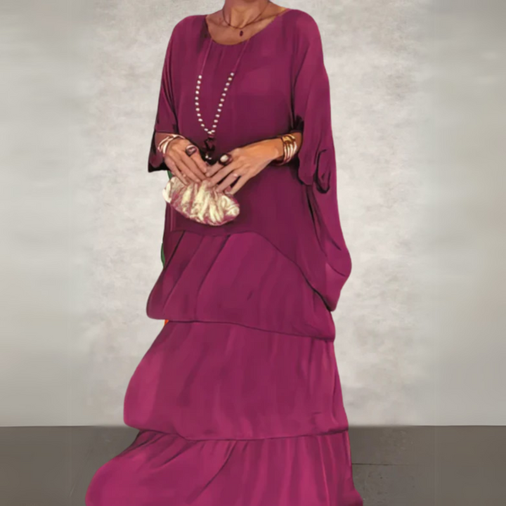 Casual chic women's flowy boho maxi dress set, a two-piece outfit with batwing top for effortless summer style.